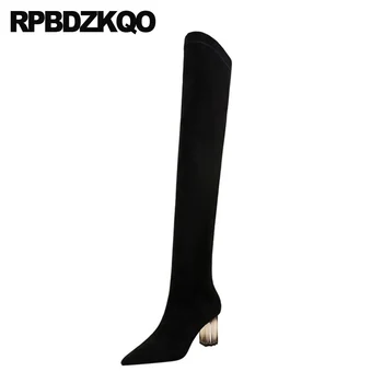 

luxury brand shoes women knee high tall winter slim slip on suede designer black long thick chunky pointed toe boots heel block