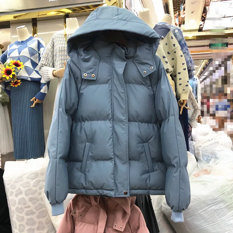 Женская короткая хлопковая куртка зимняя куртка пальто с капюшоном свободная BF Студенческая куртка однотонная парка Manteau Femme Hiver - Цвет: Синий