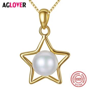 

AGLOVER New 925 Sterling Silver Gilt Pearl Pentagram Necklace Natural Freshwater Pearl Pendant Necklace Pearl Jewelry Women Gift
