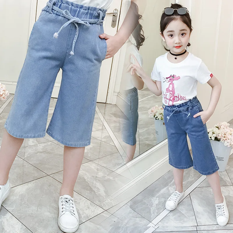 

Girls Cowboy Capri Pants 2019 Summer New Style Big Boy Belt GIRL'S Capri Loose Pants Fashion