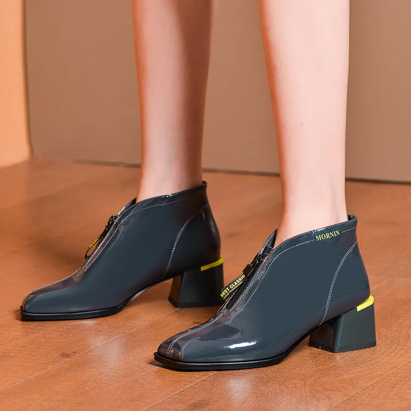 

2019 Brand Quality Genuine Patent Leather Boots Women Square Toe Med Square Heels Office Date Short Booties Blue Chelsea Boots