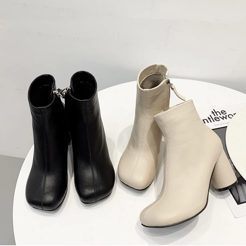 

Boussac Vintage Square Toe High Heel Boots Women Solid Designer Ankle Boots for Women Round Heel Zipper Women's Boots SWE0730