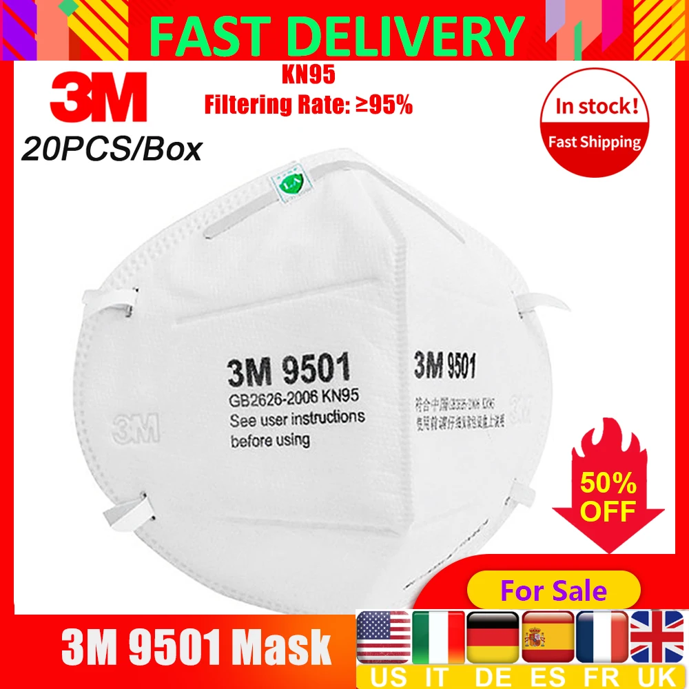 

3M 9501 N95 Mask KN95 Face Mask Respirator Features As Ffp3 Ffp2 Mascarillas Protective Safety Masks PM2.5 Smog Haze Dustproof