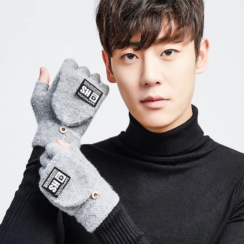 

2019 Winter New Mens Knit Wool Korean Version Of The Half Finger Gloves Flip Students Thick Warm Riding Gloves