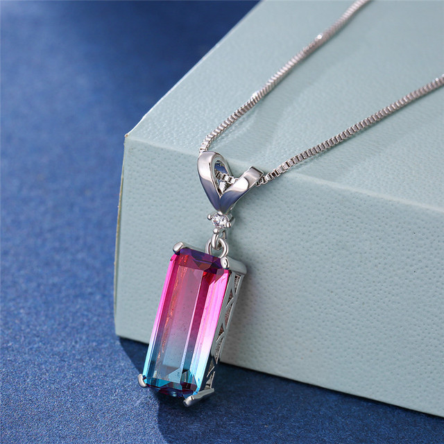 Female Blue Green Rainbow Stone Necklace Square Gemoetric Pendant Necklace Rose Gold Color Wedding Necklaces For Women