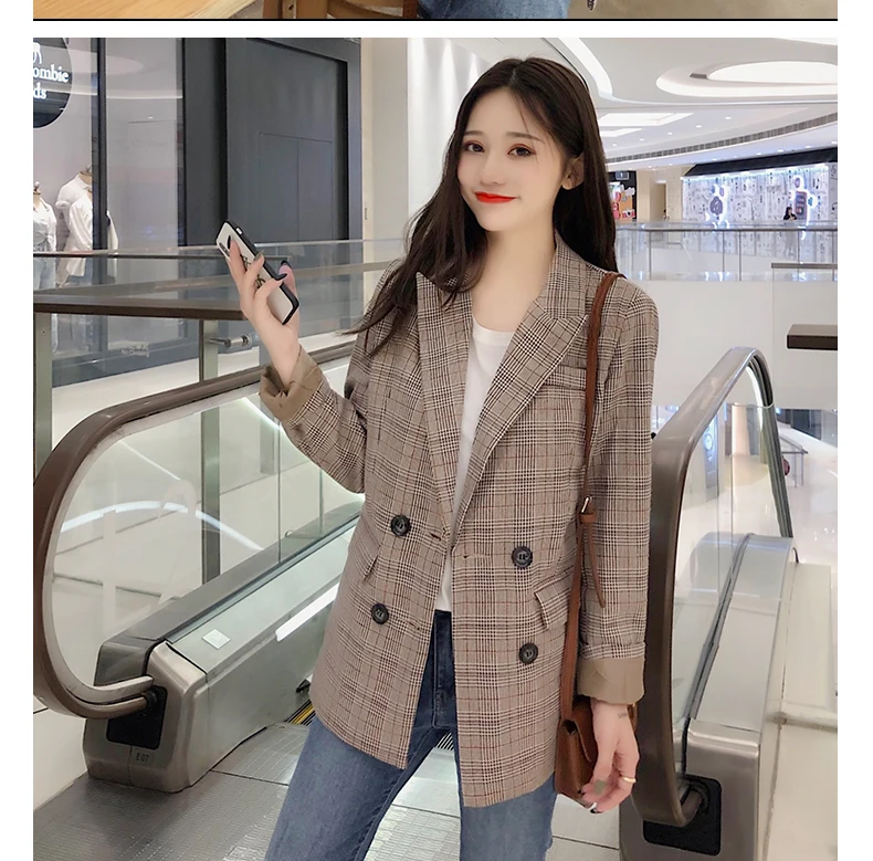 Womens Blazers Check Suit Jacket Woman Spring and Autumn New Korean Long Loose Slim Casual British Style Suit Jacket Woman