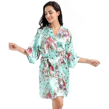 

New Style Women's Summer Short Nightgown Thin Loose-Fit Imitated Silk Fabric Daffodils Cardigan Robe Wedding Morning Gowns