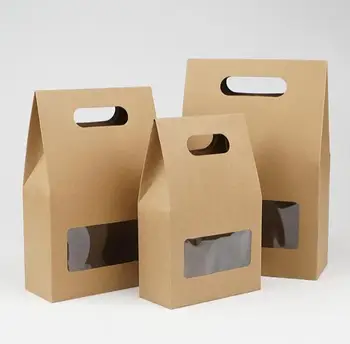 

Wholesale Paper Packaging Boxes Brown Kraft Paper Handle Box with Clear Window for Gift Wedding Party Candy 100Pcs/Lot