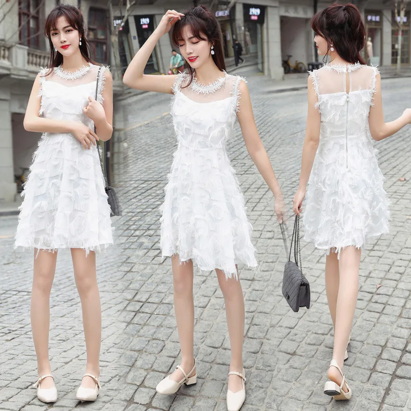 

2019 Summer New Style Feather Tassels Chiffon Sleeveless off-Shoulder Dress Women's Mid-length Elegant Slim Fit Skirt