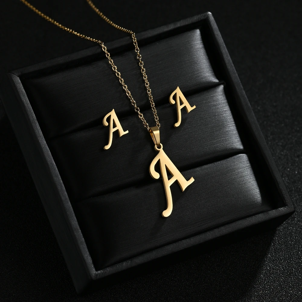 A-Z Stainless Steel Initial Necklace And Stud Earrings Jewelry Sets Alphabet Pendant Chain Letter Accessories Gifts - Image 2