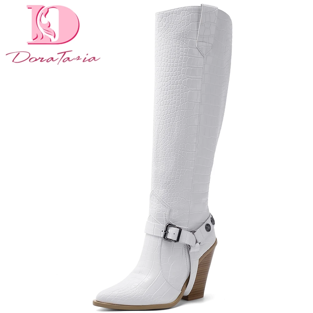 

Doratasia 2019 new fashion Plus Size 46 Hot Sale Chunky High Heels Slip On Knee High Boots Woman Shoes Women Footwear