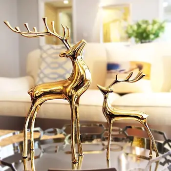

Moose Sculpture Luxury Home Decorative Animal Figurines Xmas Year Desk Decoration Feng Shui Ornament Copper Elk Gold Metal Deer