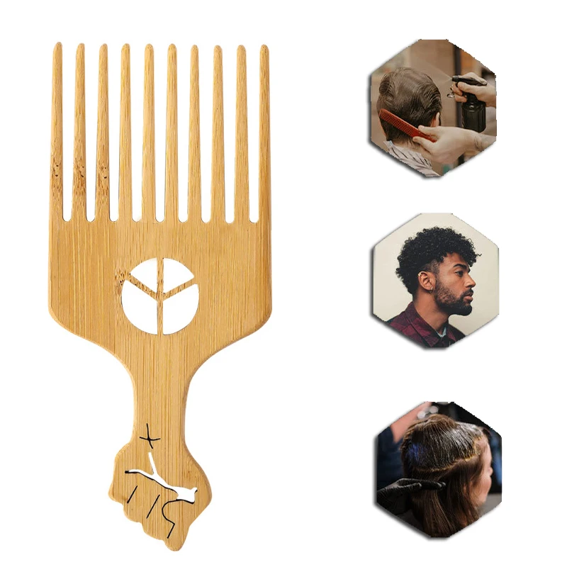 Afro Hair Pick Comb With Fist Shape Handle Antistatic Natural Bamboo
