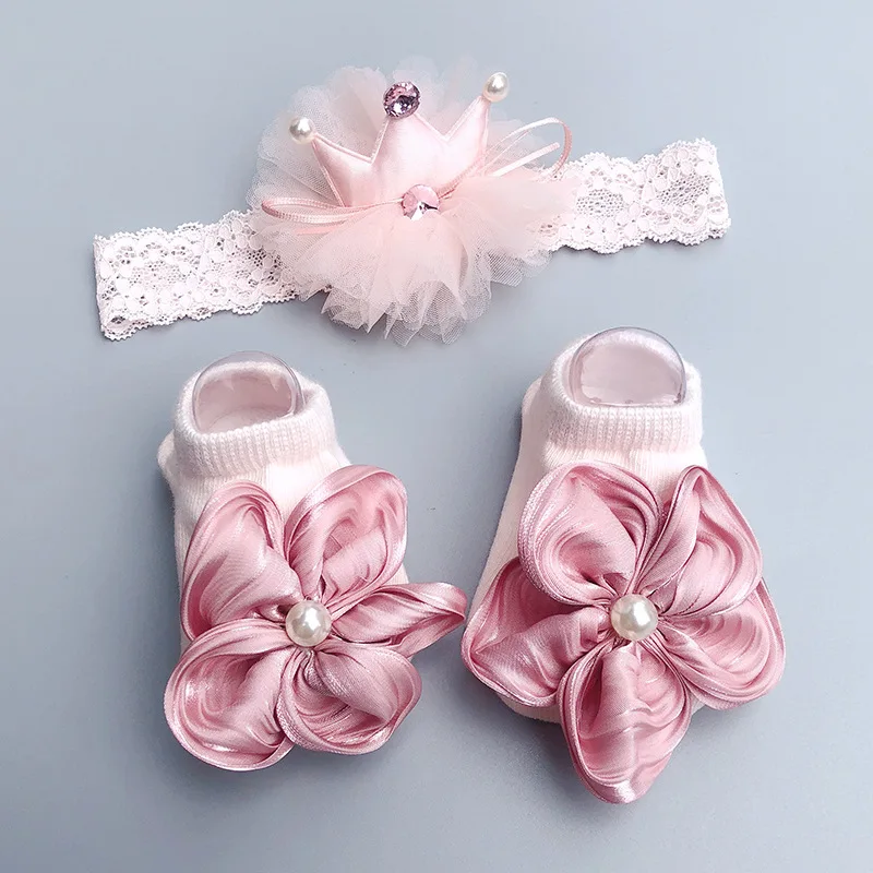 2Pcs Baby Girl Socks Headband Set Lace Bows Newborn Girl Head bands Crown Infant Baby Turban Short Socks Hair Accessories 0-12M hair accessories hair bands hair headband accessories baby headband set headband sock set