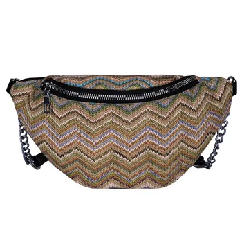 

Women Wool Fanny Pack Outdoor Zipper Stripe Weaving Messenger Shoulder Bag Woven Chest Belt Bag Boho Chain Waist Bag Phone Bag