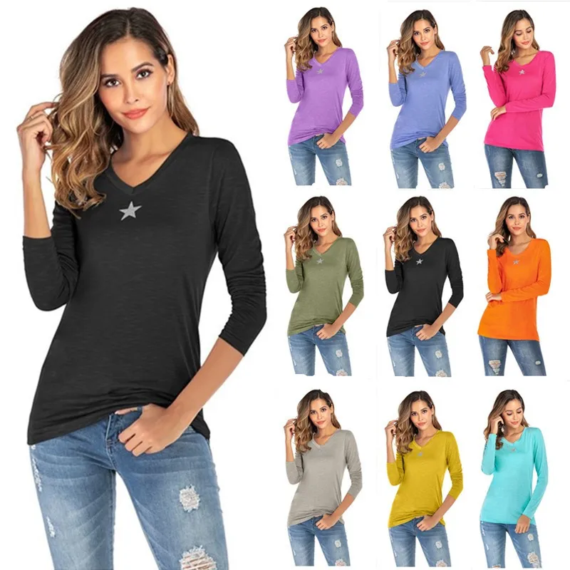 

i2u New arrivel 2019 Casual Autumn V-neck Solid Soft star point knit tops long sleeve T-shirt for women