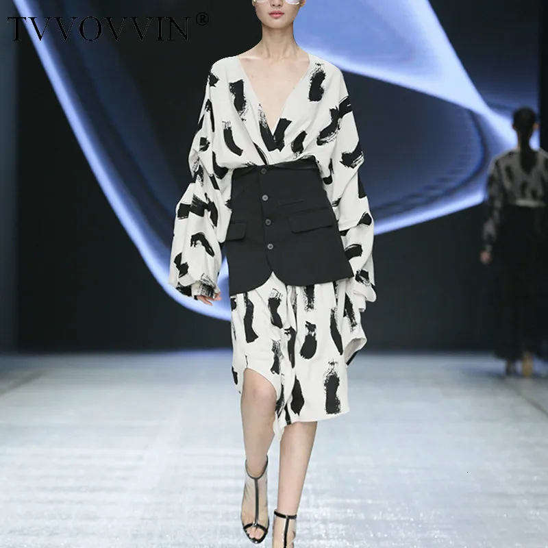 

TVVOVVIN Print Hit Color Two Piece Set For Women V Neck Long Sleeve Dress High Waist Female Suit 2019 Autumn Fashion L691