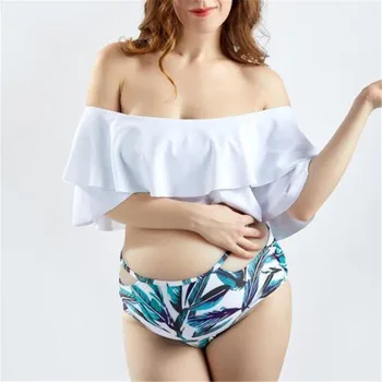 

New explosion models pregnant women split bikini word collar swimsuit stitching lotus leaf cloak pregnant women swimsuit