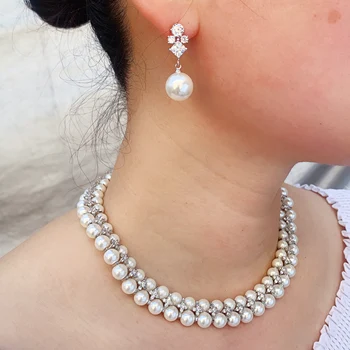 

JaneKelly New Fashion 3 layer Wedding Brida Jewelry sets pearl Throttle Cubic Zircon Micro Pave Setting Women Party Accessories