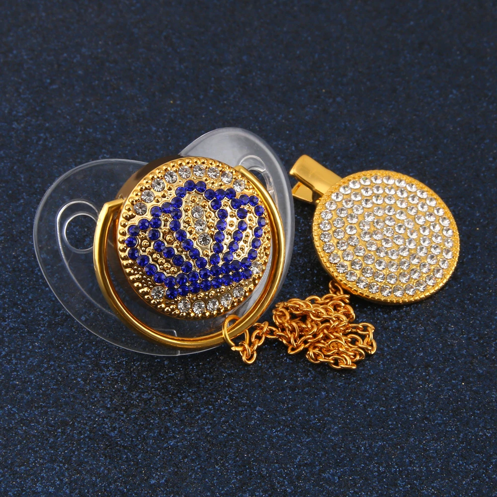 Bling синий цвет Корона Стразы белый ребенок пустышка Клип FDA одобрено для ребенка 0-18 месяцев