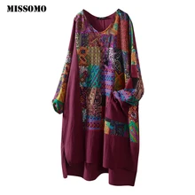 MISSOMO, Винтажная футболка, Женская длинная рубашка, Повседневная, длинный рукав, хлопок, лен, Круглый ворот, принт, размера плюс, 5XL, женские топы, Blusas mujer 816