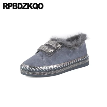 

crystal round toe suede genuine leather flats fur designer shoes china black grey diamond brand women leisure 2019 rhinestone