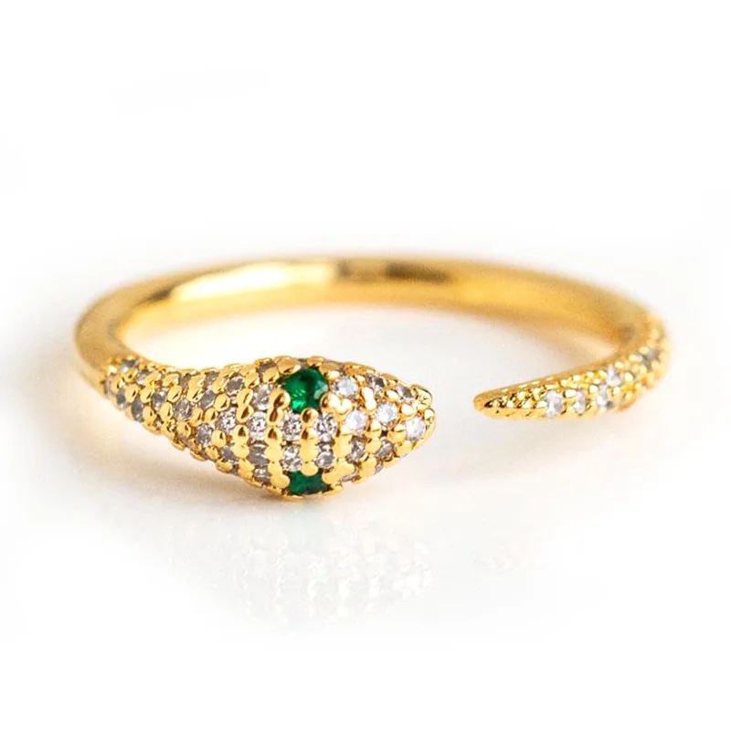 

Megin D 18k Yellow Gold Green Crystal Eyes Luxury Zircon Snake Vintage Boho Rings for Women Couple Friends Gift Fashion Jewelry