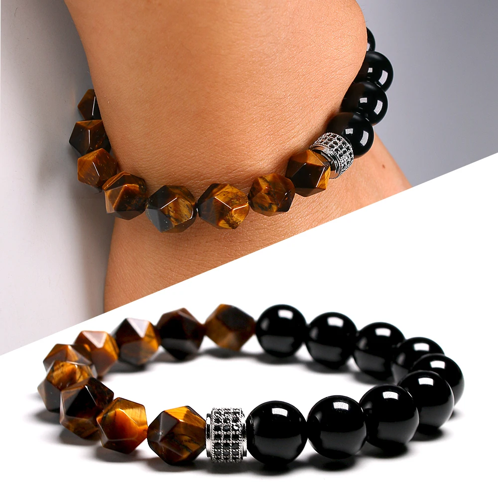 New Men Bracelet Beads Faceted Natural Tiger’s eye Stone Micro Inlaid Charm CZ Bracelets 10MM Men’s Gift Dropship