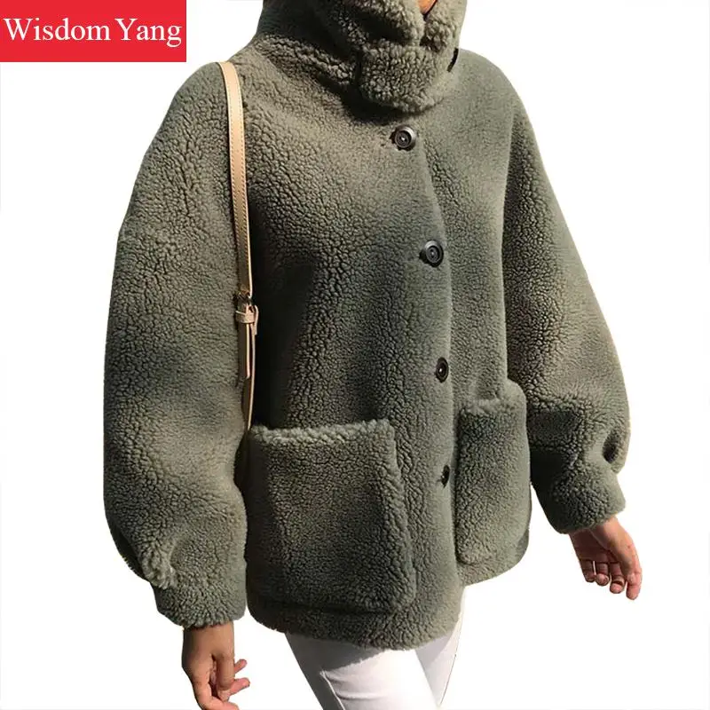 

Winter Warm Sheep Shearing Wool Fleece Coats Jackets Wool Elegant White Green Womens Oversize Overcoat Korean Coat Outerwear