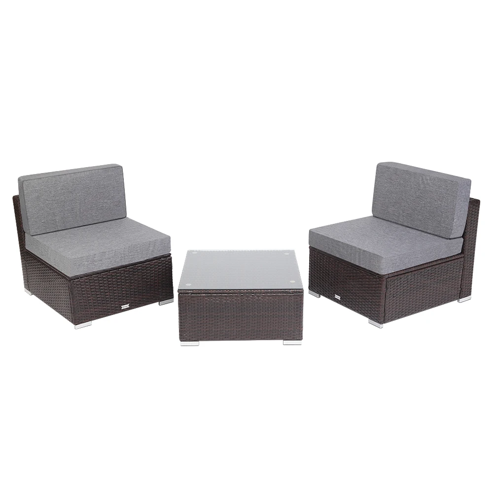 

3PCS Outdoor Rattan Wicker Conversation Furniture Set, All Weather Glass Coffee Table Rattan Garden Sofa Set Sectional Couch