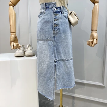 

Asymmetrical Open Fork Buckle Denim Skirt Women 2020 Spring Summer High-waisted A- Line Medium-length Jeans Skirts Lady Skirt
