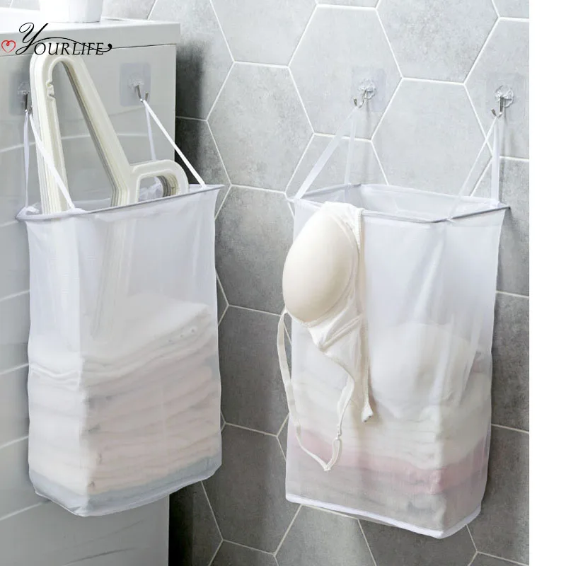 OYOURLIFE Portable Breathable Mesh Laundry Basket Foldable Wall Mounted Dirty Clothes Basket Bathroom Clothes Storage Baskets afbeelding