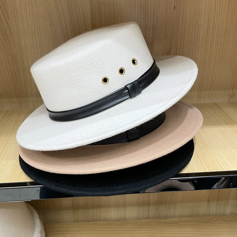

British Fashion Flat Top Classical Top Hat Fall Winter New Wide Brim Wool Felt Hat Fedora Hat For Women Bone Cape Feminino Gorra