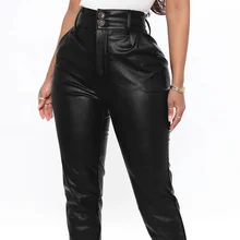 

Women's Autumn and Winter Fashion Imitation Leather Button Leggings Pencil Pants High Waist Pants Leather Pants Trousers