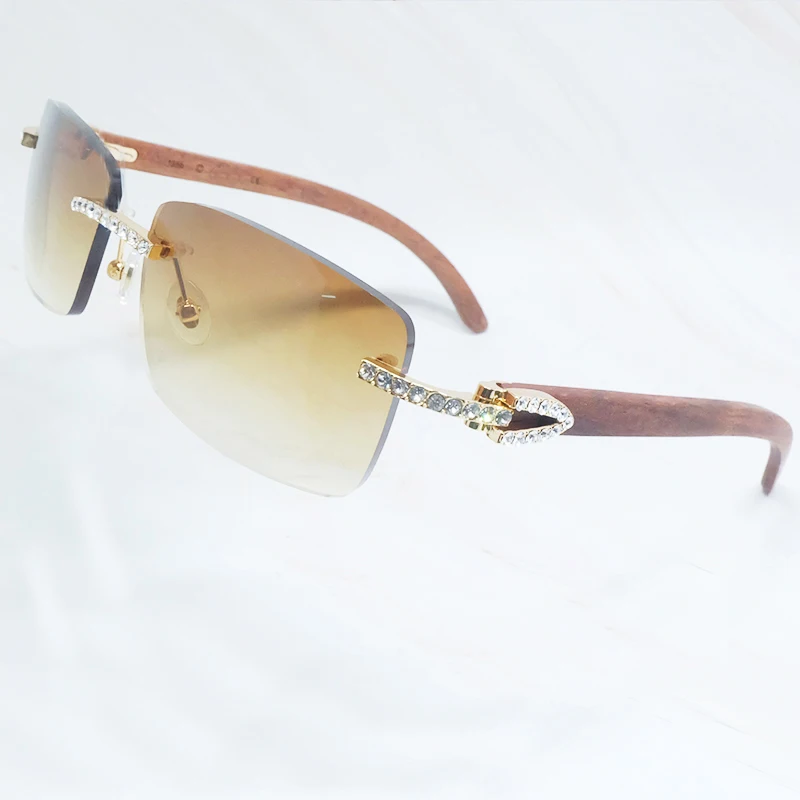 Wooden Sunglasses Men Rhinestone Rimless Carter Square Color Craved Wood Sun Glasses Diamond Shades Iced Out Decoration Eyewear |