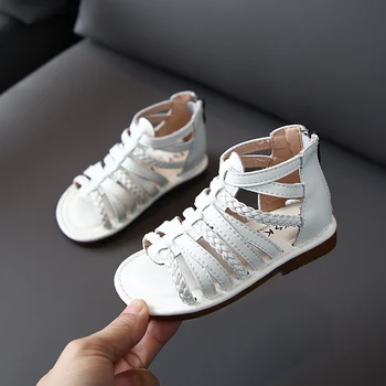 

summer new baby girls Sandals Woven Roman Sandals flat sole children mid- top leather Sandal pure color SX493