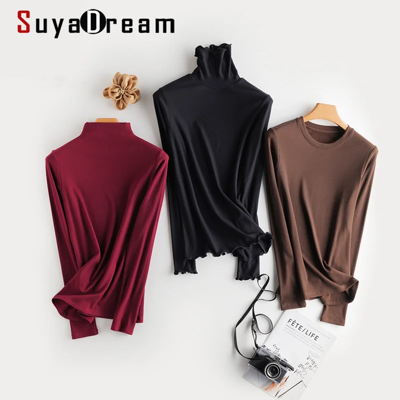 SuyaDream Women Bottoming T Shirt Real Silk Blend Long Sleeves Solid Basic Shirt 2021 Autumn Winter Turtleneck Top