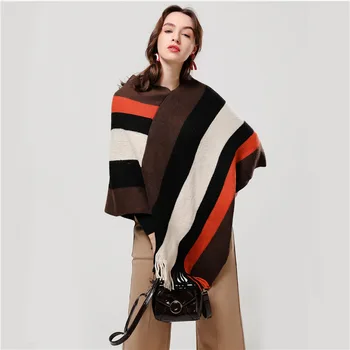 

New 2019 stripe winter women scarf cashmere lady fashion poncho and caps thick warm coat Elastic knit pashmina shawl wrap stoles