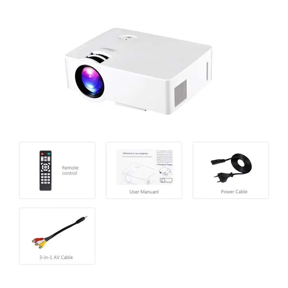 

E08S Mini Portable Projector 200 Lumen 800 x 480 Full HD LED Video Home Cinema IR Remote Control Wired Same Screen