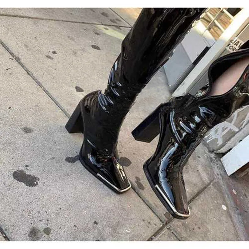 Square Toe high-heeled Women Knee High Boots 2020 Winter New Punk Thick Heel Patent Leather Short Plush Riding Boots Shoes Woman (9)