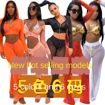 

European and American Fashion Casual Mesh Set Spot Multi-Color Perspective Set Office Lady Hollow out Stand Collar