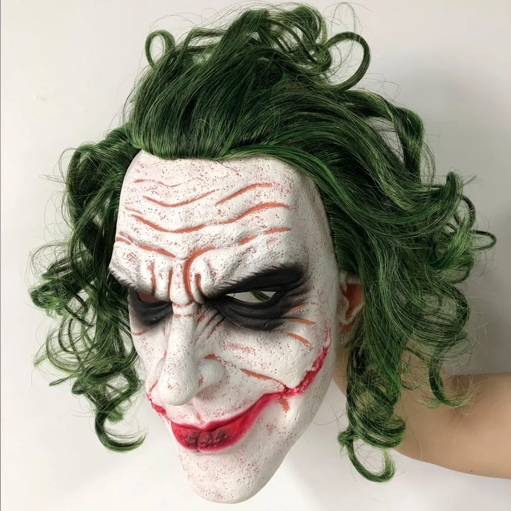 

Joker Mask Movie Batman The Dark Knight Horror Clown Cosplay Latex Masks With Green Hair Wig Scary Halloween Party Costume Props