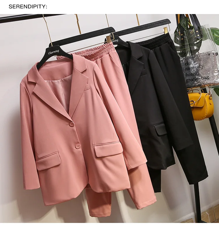 Женский офисный черный розовый костюм Блейзер и брюки женские штаны оверсайз костюм для женщин плюс размер Бизнес Повседневная одежда 4XL 5XL