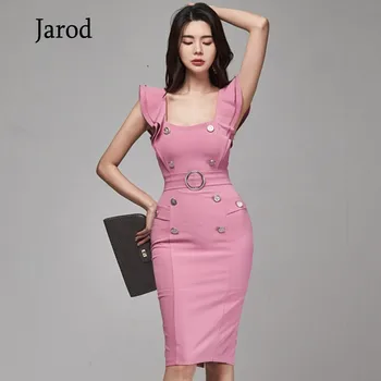 

2020 Summer Ruffles pink Double Breasted Pencil Sexy Sheath Bodycon Knee-Length Party Dress
