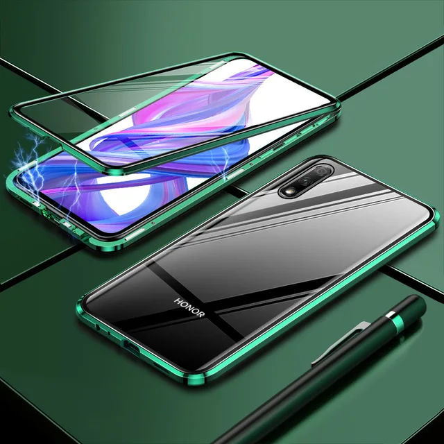 green Магнитный металлический двухсторонний стеклянный чехол для телефона huawei Honor mate 30 20 10 Lite P30 P20 Pro 8X 9X Y9 Prime P Smart Z - Цвет: green