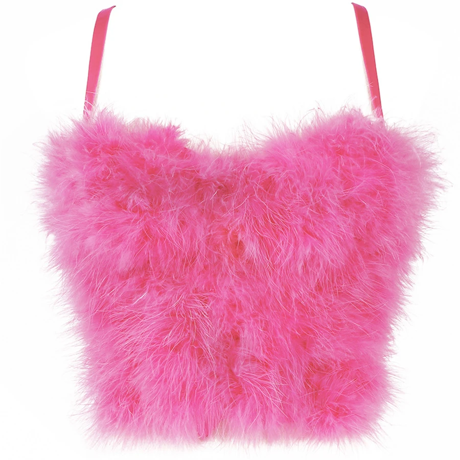 Faux Fur Solid Pink Performance Crop Top To Wear Out Autumn Corset Top Sexy Tops Women Bra Push Up Bustier Female Tops Mujer white bra Tanks & Camis