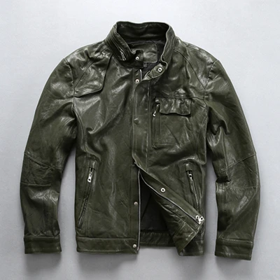 Army Green Новинка, Мужская классическая Куртка из натуральной кожи, Мужская брендовая демисезонная винтажная мягкая куртка из овчины на молнии - Цвет: Army Green