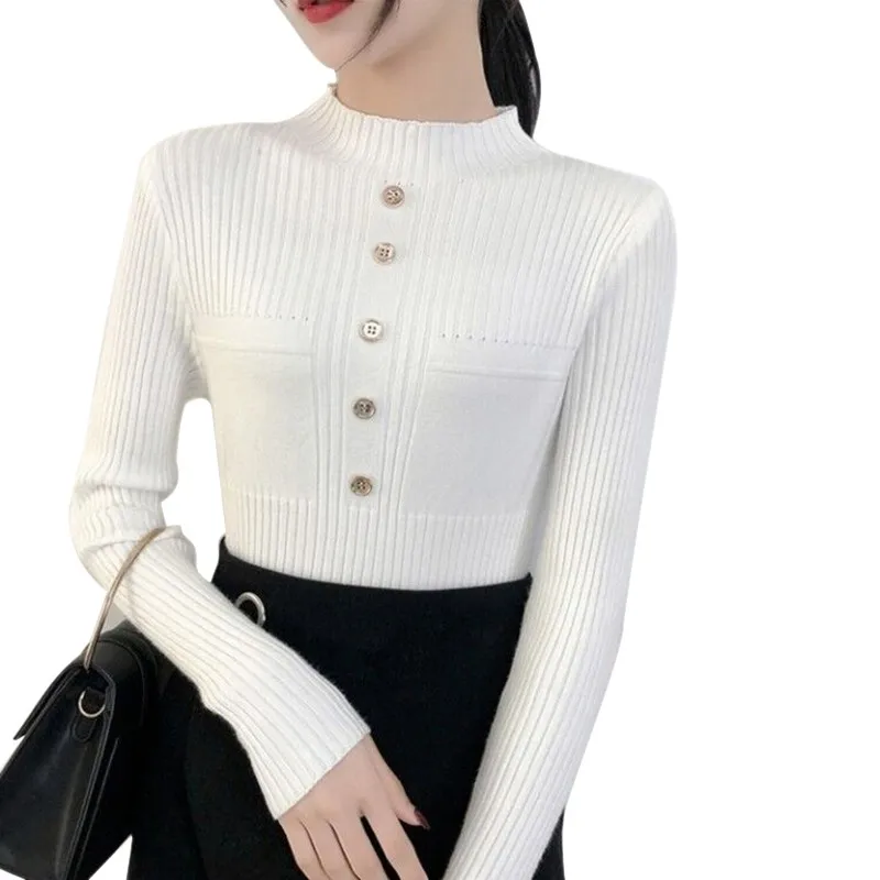 Women Sweater Long Sleeve Tight Sweater Knitting Casual Round O-Neck T-Shirt Crop Tops Button Decor Knit Sweater Women