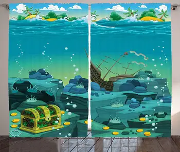 

Cartoon Curtains Seascape Underwater Treasure Galleon Sunk Ship Pirate Kids Print Living Room Bedroom Window Drap Home Decor