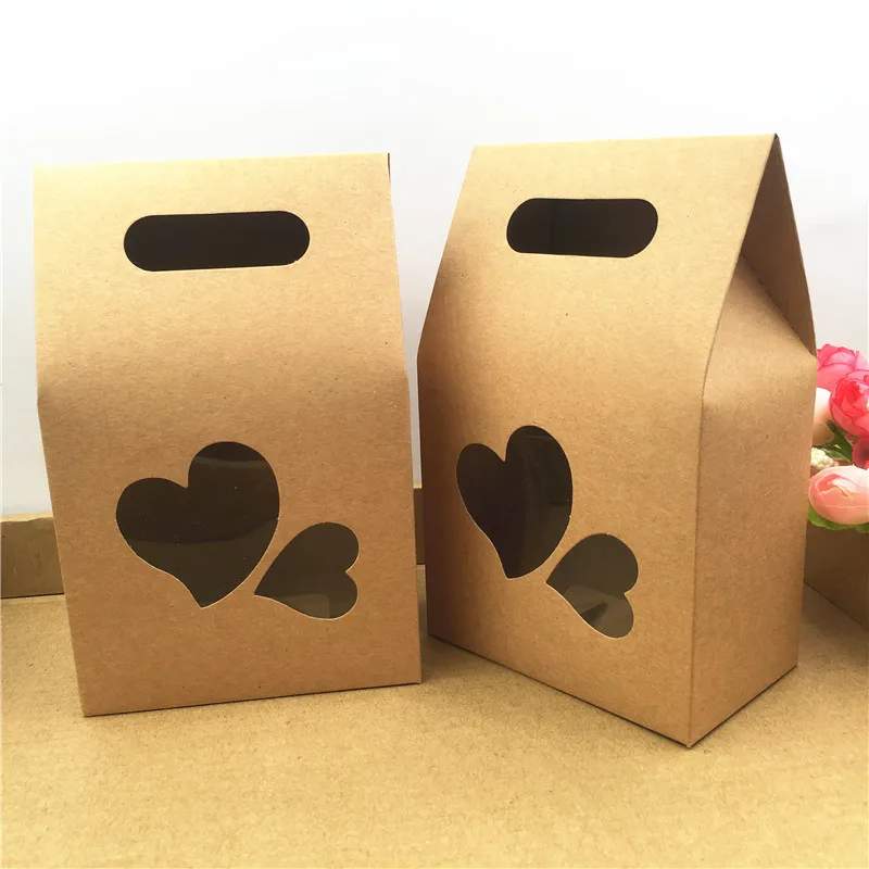 

10Pcs Kraft Paper Food Bag Double Heart with Handle Craft Packaging Bag with PVC Window for Storing Dried small Food candy